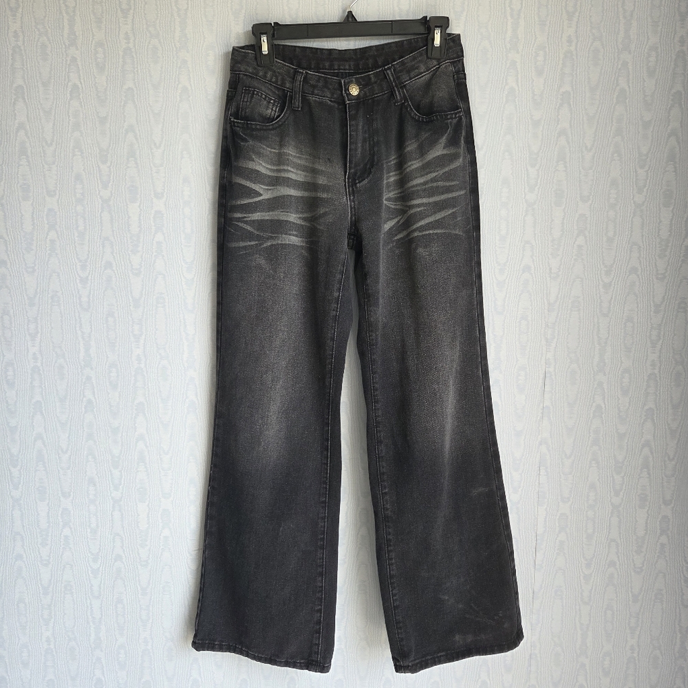SHEIN 27 Wide Leg Charcoal Black High Waist Whiskered Jeans